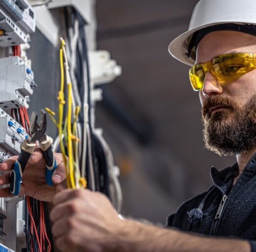 Male electrician at the checkout counter on a blurred background of a switchboard.