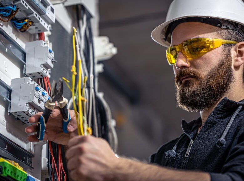 Male electrician at the checkout counter on a blurred background of a switchboard.